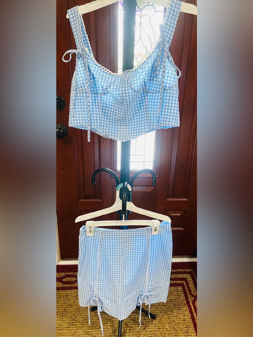 SHEIN Blue and White Gingham Crop Top & Skirt Set